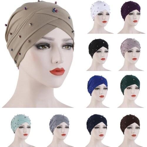 Muslim Women Turban Bead Hair Loss Hat Headwear Chemo Cap Chemo Hat Head Scarf Bonnet Headscarf India Hat Criss Cross Beanies