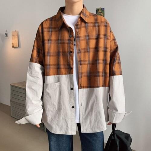2021 Korean Fashion Harajuku Mens Plaid Patchwork Long Sleeve Shirt Mens Retro Button Shirt Plus Size 5XL Casual Shirt