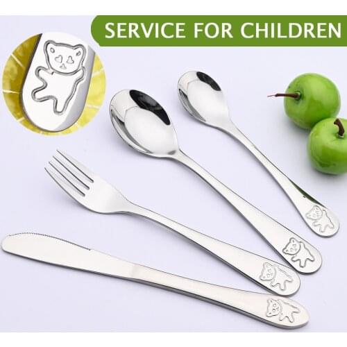 Children Tableware Set Baby Fork Knife Spoon Utensils Set Bear Pattern Carving Dinnerware Stainless Steel Silverware Set Silver