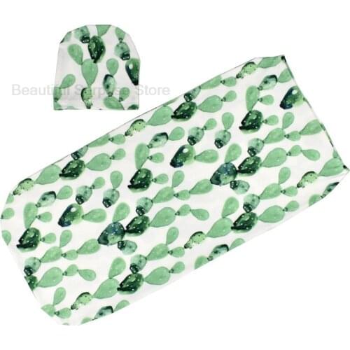 Baby Swaddle Wrap With Hat Newborn Sleeping Bags Baby Soft Swaddle Blanket Wrap Cactus Print 2pcs for Size 0-3M Four Season