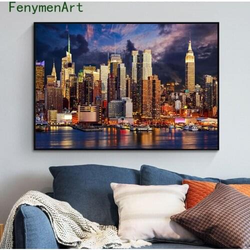 New York City Landscape Canvas Painting Skyscrapers Poster Print Night Scene Cityscape Wall Art Pictures Living Room Home Decor