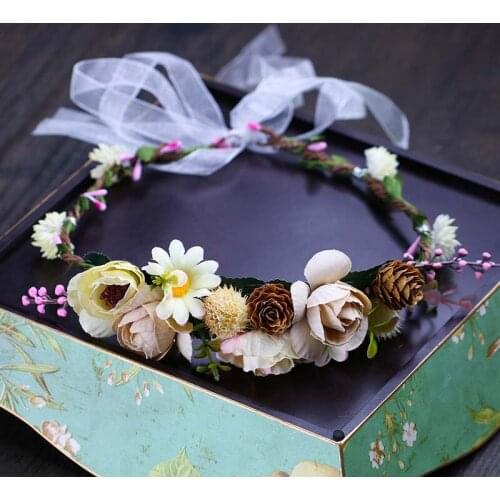 Romantic Colorful Flower Garland Floral Crown Headband Hair Band with Ribbon Bridal Wedding Party Head Piece Hair Accessories SL