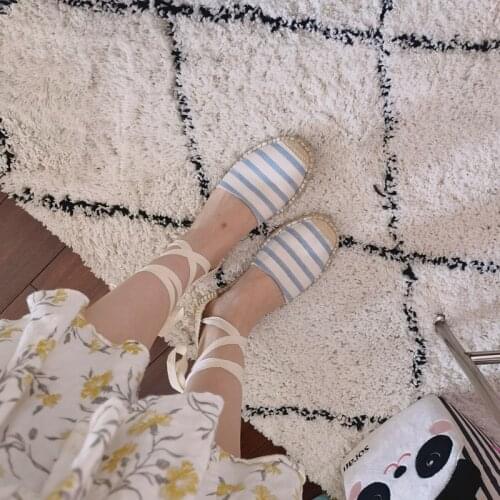 Sunny Striped Dalis Classic SummerWomens Sandals Ankle-Strap Falts Espadrilles Comfort Stylish Women Lace-Up Flat Shoes