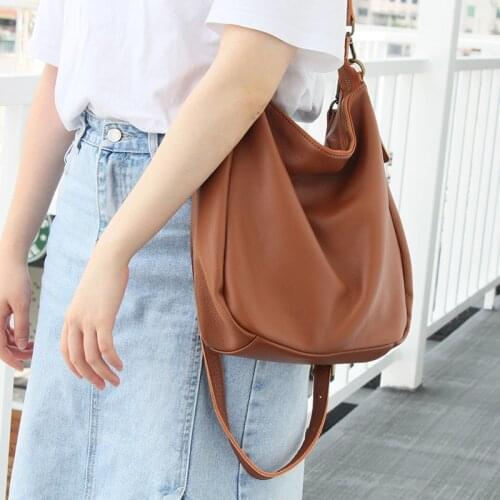 Brand Genuine Leather Women Shoulder Bag Large Female Bucket Bag Casual Simple Nature Leather Lady Crossbody Bags Women Handbag