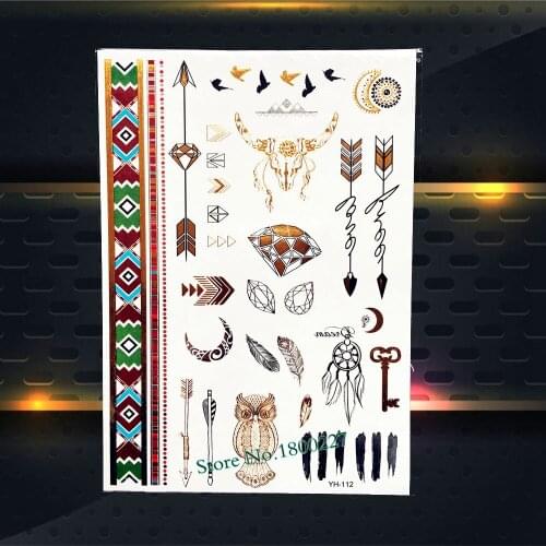 Gold Metallic Tattoo Cute Ox Owl Bird Feather Pattern Waterproof Hand Finger Tattoo Temporary Henna Tattoo Jewel Sticker PYH-112