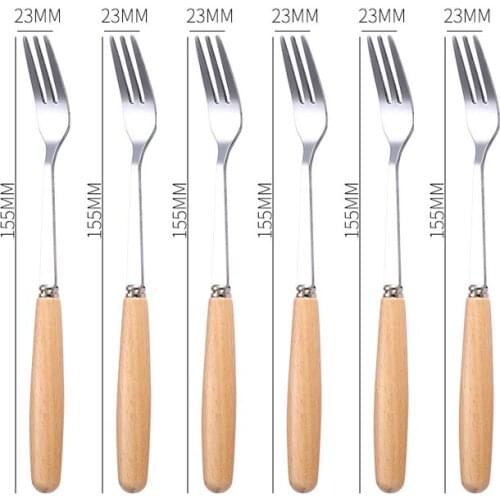 6 pcs Fruit Forks Stainless Steel Dinner Fork Wooden Handle Table Forks Sets Korean Cutlery Salad Dessert Forks Food Picks