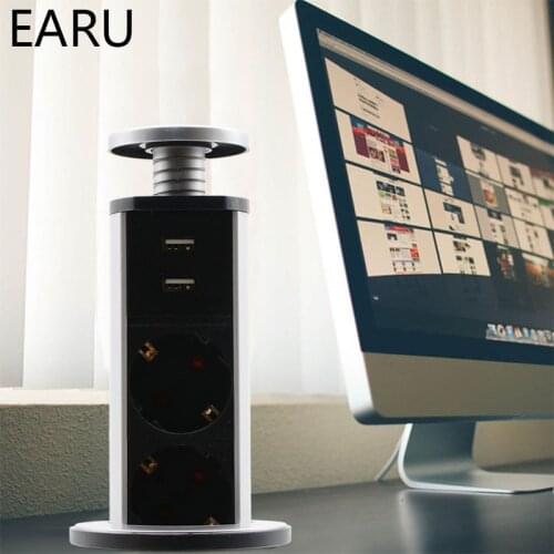 220V 16A PULL POP UP Electrical 3 Plug Socket 2 USB Kitchen Table Plug Sockets Retractable for Countertops Worktop UK/EU/US Plug