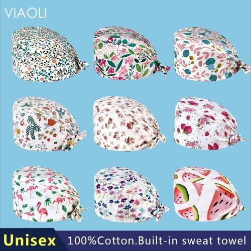 High Quality Multicolor printing sweat-absorbent Scrub hat Beautician cute working hat men and women spa adjustable Scrubs caps