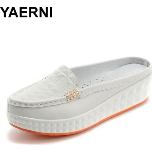 YAERNI New Womens Casual Close Toe Slip-on Platform Wedge Slippers Fashion Round Toe Genuine Cow Leather Slides For Women Size