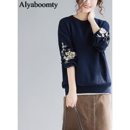 Korean Ulzzang Autumn Winter Women Sweater O Neck Navy Blue Knitted Baggy Pullover Floral Embroidery Elegant Outerwear