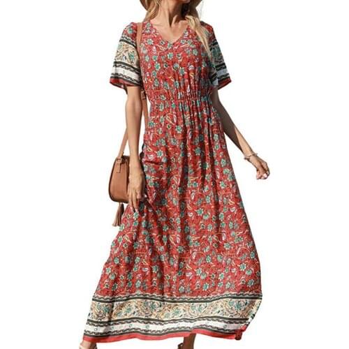 60%HOT Summer Dress Floral Pattern Loose Female Ladies V-neck High Waist Dress for Daily
