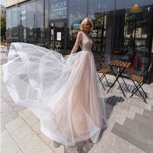 UZN Champagne A Line Glitter Wedding Dress Beading Belt Long Sleeves Bridal Gowns V Neck Buttons On Back Vestido De Novia