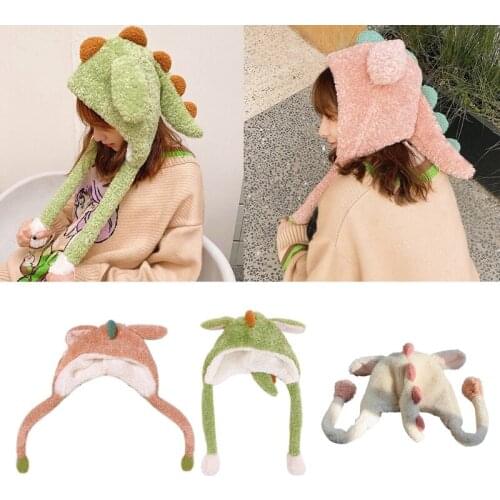 Winter Fluffy Plush Hoodie Scarf Hat Jumping Ears Cartoon Dinosaur Earflap Cap