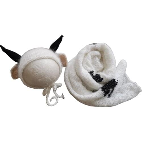 2 Pcs Infants Mink Fur Cute Cow Ear Hat Wrap Set Baby Blanket Beanie Cap Kit Newborn Photography Props Photo Shooting