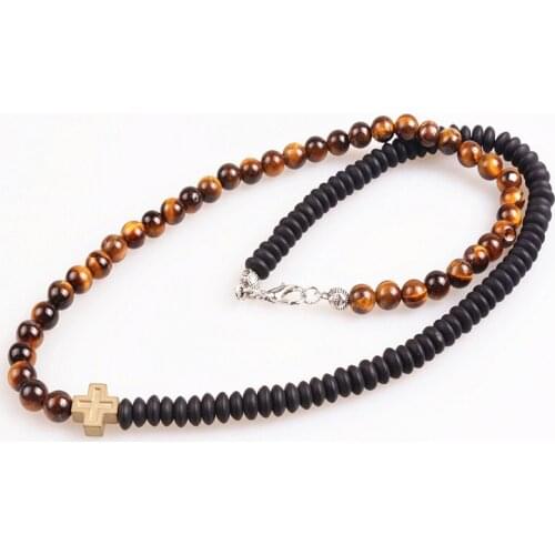 6mm Natural Tiger Stone Bead & Hematite Cross Pendant Surfer Necklace for men tribal