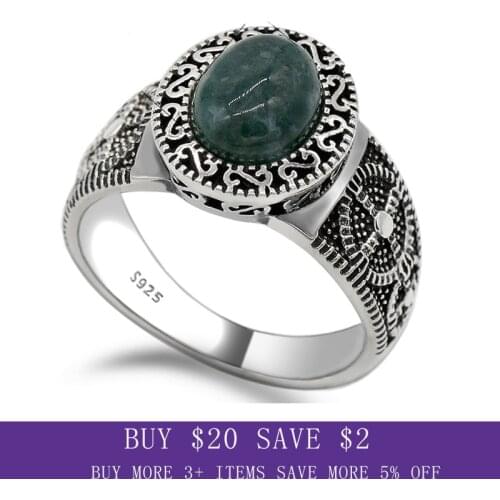925 Sterling Silver Unisex Ring Setting Oval Green Natural Stone Timeless Vintage Style Finger Ring for Women Men Jewelry Women