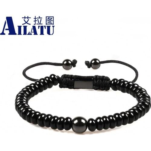 Ailatu Men' Favorite 6mm Abacus Shaped Black Beads with 8 mm Copper Bead Charm Braiding Macrame Bracelet