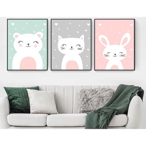 Decoration Picture Baby Living Room Decor Kawaii Wall Art Canvas Nursery Print Cartoon Cat Rabbit Painting Nordic Kids