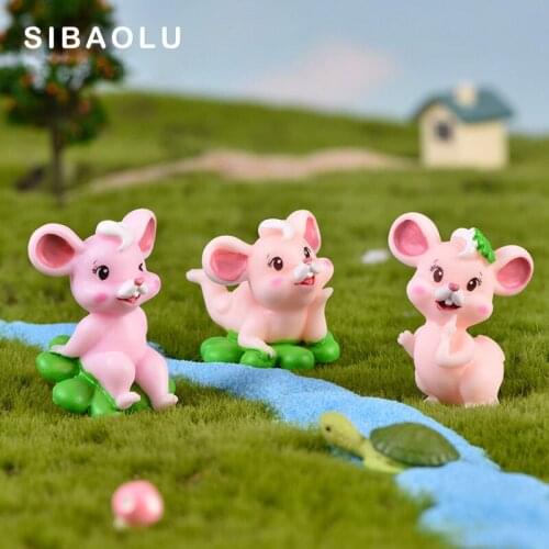 Pink Mouse Four-leaf clover figurine cartoon Animal Model landscape Craft home miniature fairy garden decoration accessories