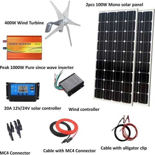 600W wind solar hybrid system: 200W mono solar panel,400W Wind Turbine Generator,peak 1000w pure since wave inverter, controller