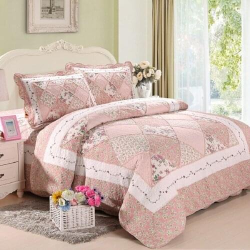 Pink Floral Patchwork Quilt Set 3PCS Korea Bedspread Quilted Bedding Cotton Bed Covers with 2 Shams Queen Size Coverlet Blanket