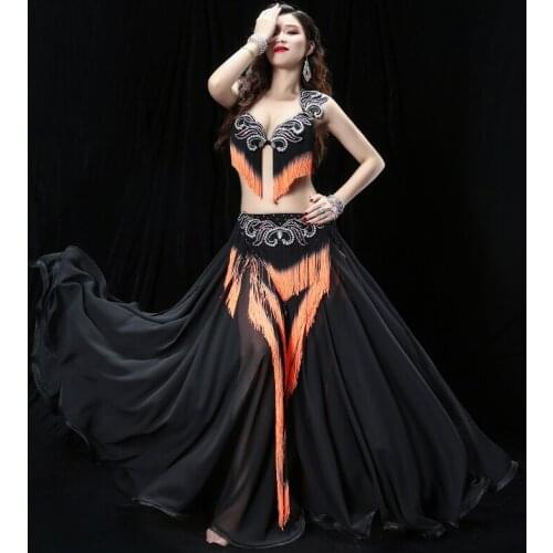 Belly Dance Performance Costume Suit Bra & Tassel Belt & Long Skirt Outfit Belly Dance Suit Night Club Bollywood Carnival