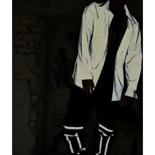 Mens Night Light Reflective Long Sleeve Shirts Casual Tops Fluorescence Shirt Nightclub Bar Singer Dancer Performance Clothing