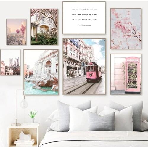 Nordic Pink Flower Poster Wall Art Canvas Painting Scandinavian Scenery Picture Home Decor Print Poster for Living Room Design