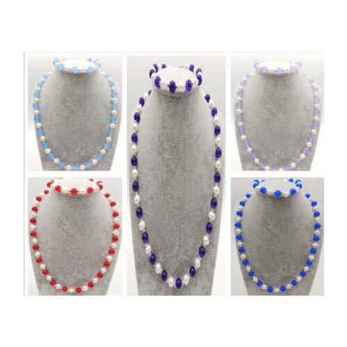 Natural 7-8mm White Pearl & 8mm Green Jade Beads Necklace 18'' Bracelet 7.5