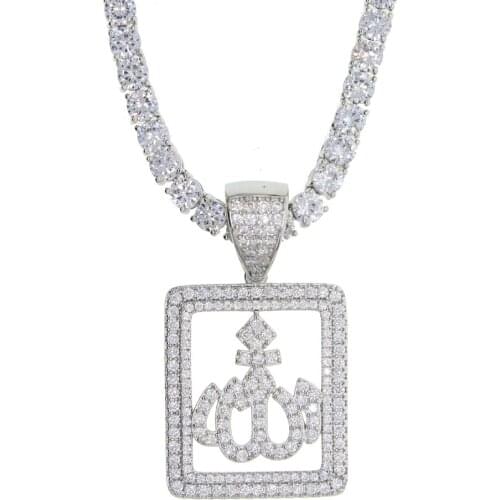 Hip Hop Iced Out Silver Color Muslims Allah Necklace Pave Zircon 5MM Tennis Chain Allah Pendant Necklace Women Men Jewelry