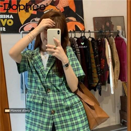 Retro Plaid Suit Jacket for Women 2021 Spring and Summer New Fashion Short Sleeves Blazer All-match Elegant Straight Coats