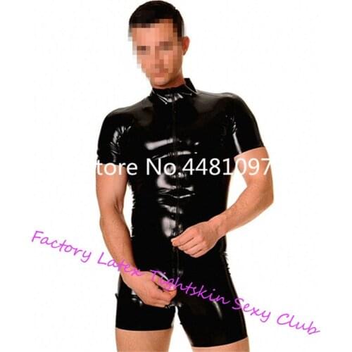 Sexy Black One-Pieces Mens Latex T-shirt Latex Polo Shorts with Front Zip for Men lingerie porno crotchless bodysuit
