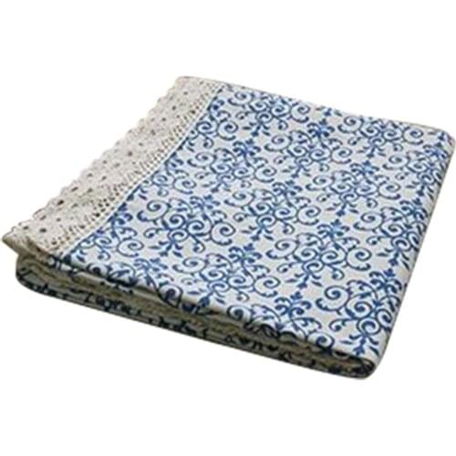 Retro Blue and White Table Cloth with Lace Cotton & Linen Print Chinese Style Rectangular Dinning Tablecloths Cover Home Décor