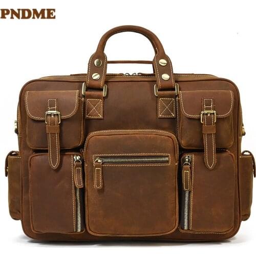 Vintage crazy horse cowhide mens briefcase business travel genuine leather handbag multi-pocket laptop shoulder messenger bag