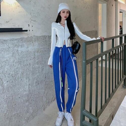 Spring Autumn Women Korean Ladylike Fashion Solid Long Sport Pants Zipper Street Style Office Lady Girls Suits All-match