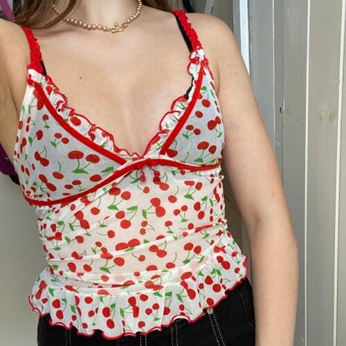 YiYiMiYu Sexy Floral Print y2k Aesthetic Camisole Women V-neck Lace Patchwork Crop Tops Transparent Sleeveless Shirt 90s