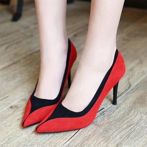 Spring Autumn High Heeled Woman Shoes Patchwork Pumps Faux Suede Boat Shoes Pointed Toe Slip on Dress Shoes Zapatos Mujer