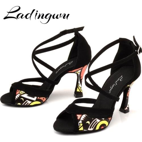 Ladingwu Latin Dance Shoes For Women Black Flannel and Orange African print Salsa Dance Shoes Womens Ballroom Dance Sandals