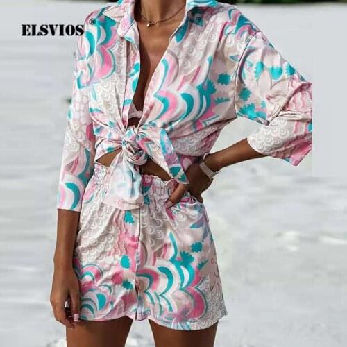 2021 Women Summer Beach 2 Piece Set Casual Comfortable Silk Print 3/4 Sleeve Shirt + Shorts Turban Suit Elegant Ladies Two-piece