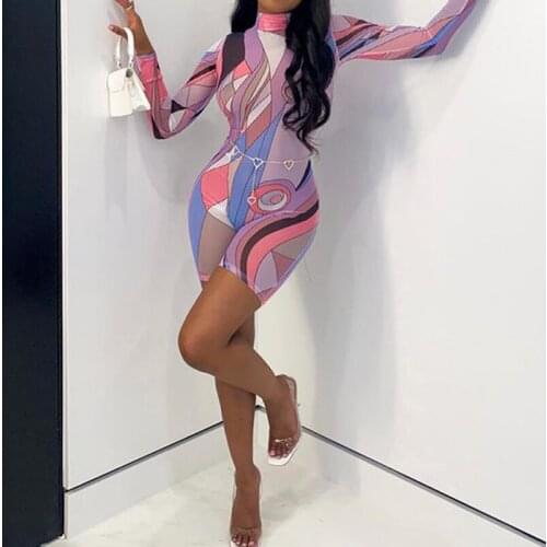 2021 High Street Fashion Abstract Printed Mesh See Through Sexy Playsuits For Women Long Sleeve Turtleneck Tight Rompers Shorts