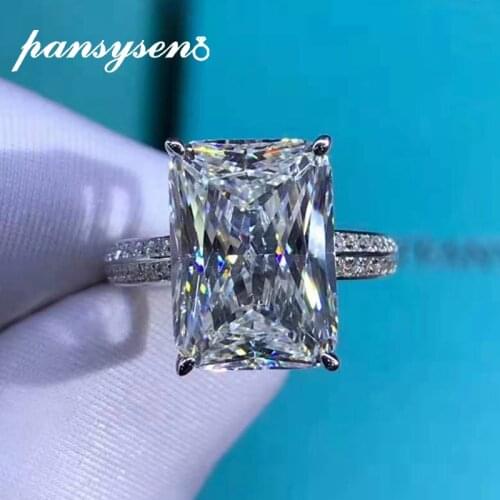PANSYSEN Solid 925 Sterling Silver Radiant Cut 6ct D Color 3EX High Carbon Diamond Simulated Moissanite Engagement Wedding Ring
