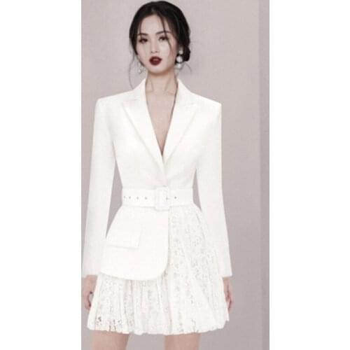 New High-End Wwomen Temperament White Full Sleeves Dress High Quality Fashion Lace Splicing Banquet Femme Vestidos
