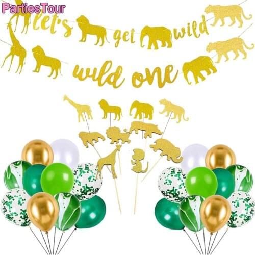 Wild Party Decor Wild One Banner Gold Jungle Safari Animal Banner Balloon Glitter Shiny Cake Toppers for Jungle Zoo Theme Party