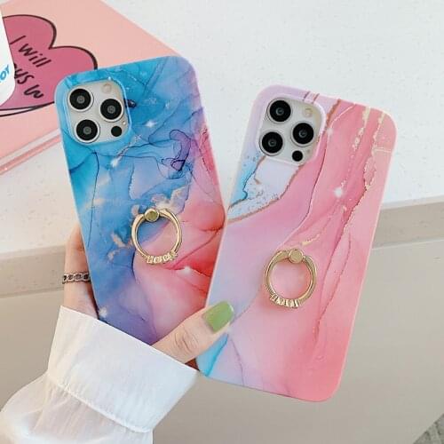 Ring Holder Phone Case For iPhone 12 Mini 12 11 Pro X XR XS Max 7 8 Plus SE 2 Fashion Colorful Art Marble Texture Matte Soft IMD