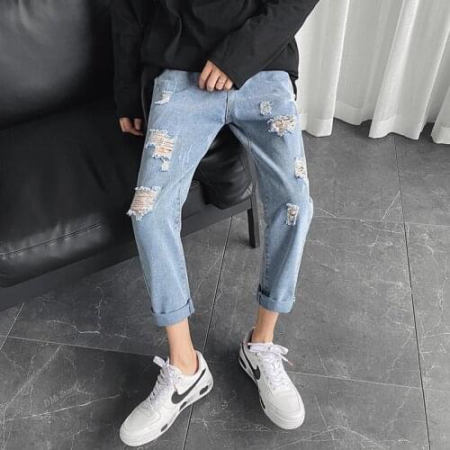 Men Streetwear Hip Hop Denim Trousers Mens Ripped Jeans Mens Fashion Washed Retro Casual Loose Straight Hole Jean Pants