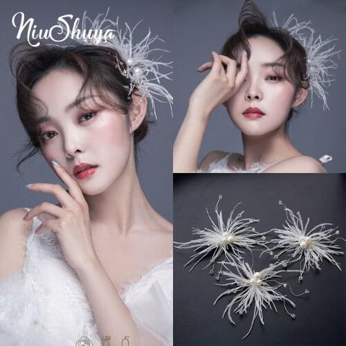 NiuShuya Elegant Pearl Feather Bride Wedding Hairpins for Women Handmade Headwear Hairgrips Bridal Hair Accessories
