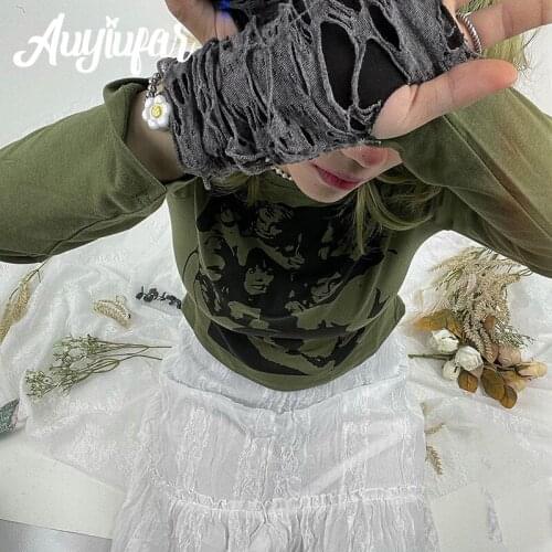 Auyiufar Fairy Grunge Face Printed Long Sleeve T Shirts Y2K Vintage Aesthetic Round Neck Slim Tees Fashion Streetwear Women Tops