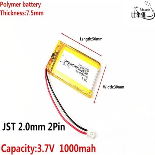 JST 2.0mm 2Pin Liter energy battery 3.7V lithium battery early 753050 1000mAh headlight GPS navigator general polymer batteries