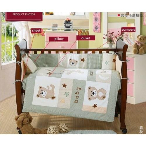 7PCS embroidery Cotton crib bedding set with Quilt Baby Bed Sheet ,include(bumper+duvet+sheet+pillow)