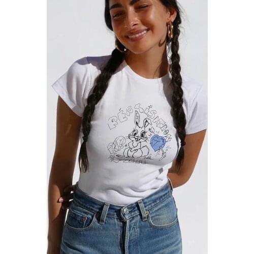 Cartoon Rabbit Print Crop Top Women 2021 Summer White Cotton Short Sleeve Streetwear Y2k Tops Femme Casual Vintage T Shirt Chic